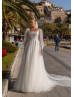 Detachable Long Sleeves Beaded Ivory Lace Glitter Tulle Wedding Dress